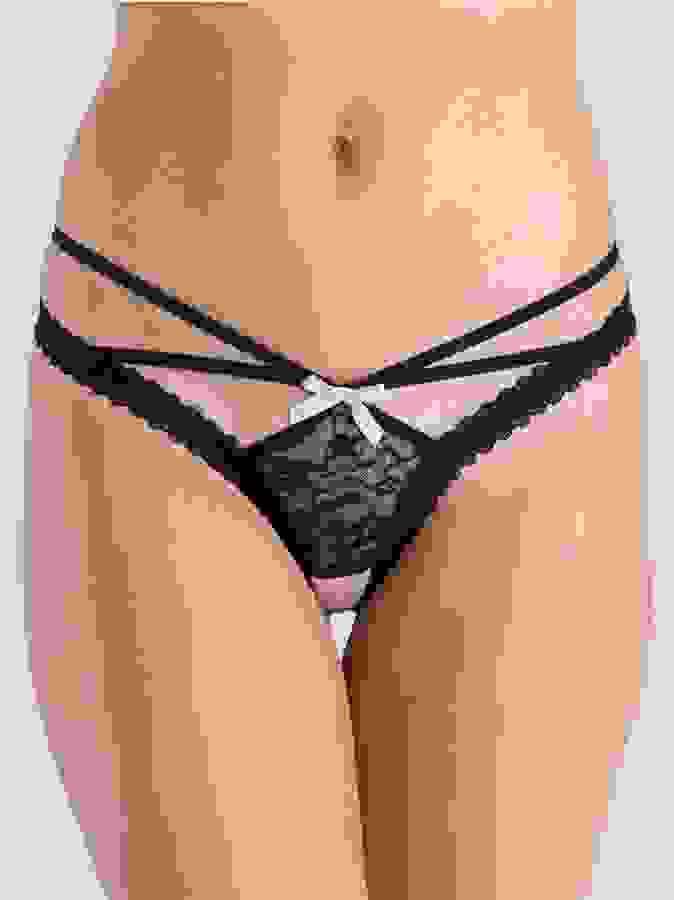 Lovehoney Black Crotchless Strappy Lace Thong, Black, hi-res